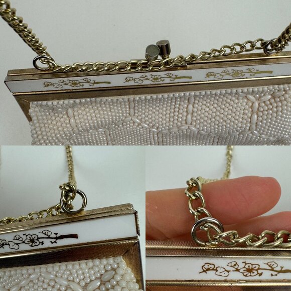 Vtg Small Beaded Purse Handbag Small Ivory Cream Gold Chain Hexagon Pattern READ - Picture 9 of 10